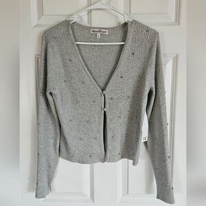 Madden Girl Grey Ribbed V-Neck Sweater with Emebellishef Details